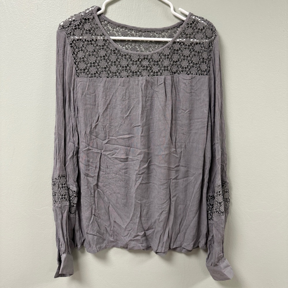 Bass Womens XL Purple Grey Crochet Lace Yoke Long Sleeve Viscose Blouse Top
